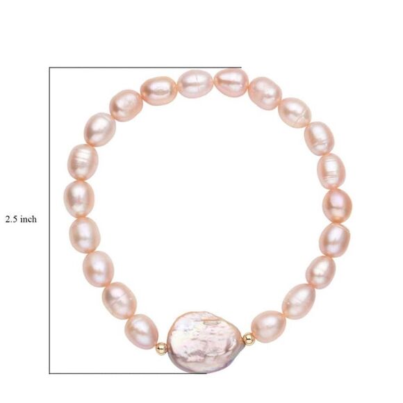 NWT PURPLE COIN KESHI PEARL & PEACH FRESHWATER STRETCH PEAL BRACELET IN SS. - Picture 13 of 15